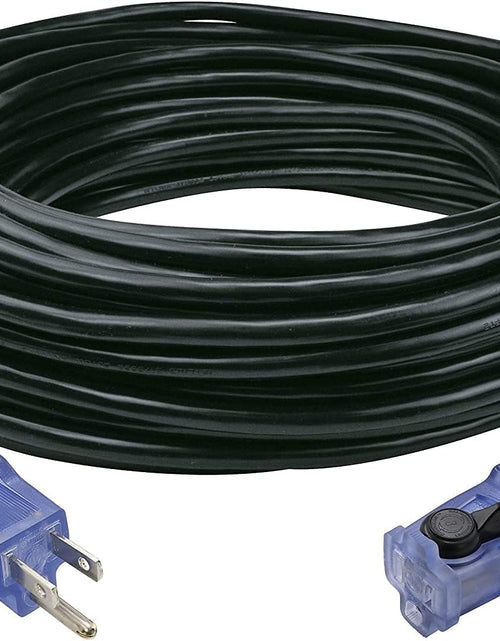 Load image into Gallery viewer, 80Ft Outdoor Extension Cord 16/3 SJTW, Black, with Lighted-Locking Connector & Cord Storage Wheel, Water & Weather Resistant Flame Retardant, DCCO-9004-DC
