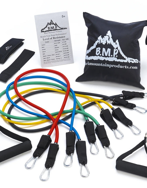 Load image into Gallery viewer, Rubber Resistance Band Set with Door Anchor, Ankle Strap, Exercise Chart, and Resistance Band Carrying Case