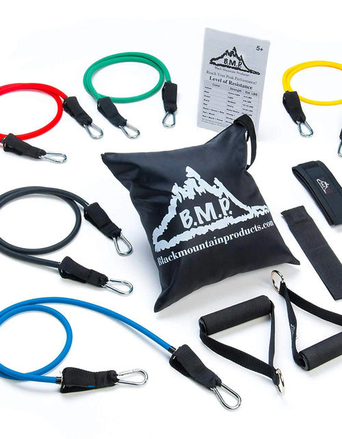 Load image into Gallery viewer, Rubber Resistance Band Set with Door Anchor, Ankle Strap, Exercise Chart, and Resistance Band Carrying Case