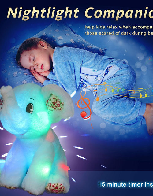 Load image into Gallery viewer, 12‘’ Musical Light up Elephant Plush Toy Floppy LED Stuffed Animals Lullabies Nightlight Bedtime for Kids Birthday for Toddlers, Blue