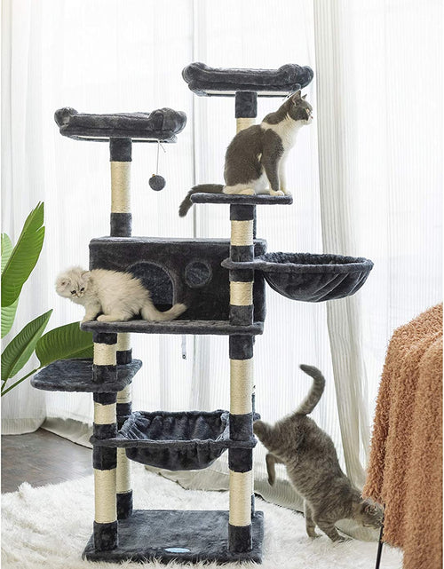 Load image into Gallery viewer, Multi-Level Cat Tree Condo for Large Cats, Cat Tower with Scratching Board, Padded Plush Perch and Cozy Basket Smoky Gray MPJ0025G
