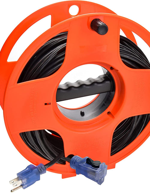 Load image into Gallery viewer, 80Ft Outdoor Extension Cord 16/3 SJTW, Black, with Lighted-Locking Connector & Cord Storage Wheel, Water & Weather Resistant Flame Retardant, DCCO-9004-DC