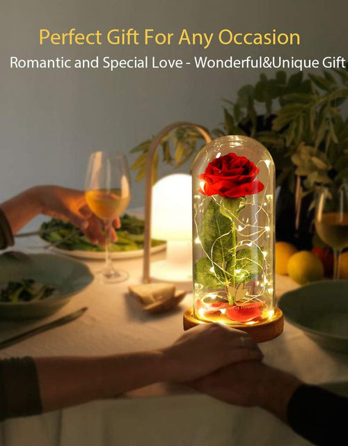 Load image into Gallery viewer, Beauty and the Beast Rose Set-The Best Holiday Surprise Gift for Mothers, Beautifully Decorated with Red Silk Roses, LED Lights, Dome Glass and Wooden Base