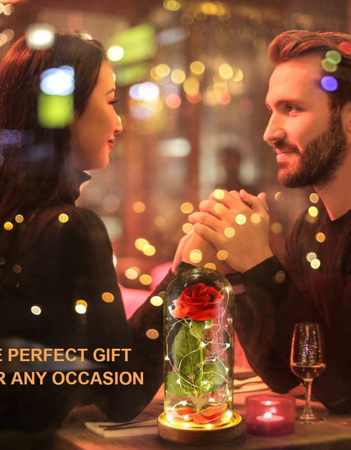 Load image into Gallery viewer, Beauty and the Beast Rose Set-The Best Holiday Surprise Gift for Mothers, Beautifully Decorated with Red Silk Roses, LED Lights, Dome Glass and Wooden Base