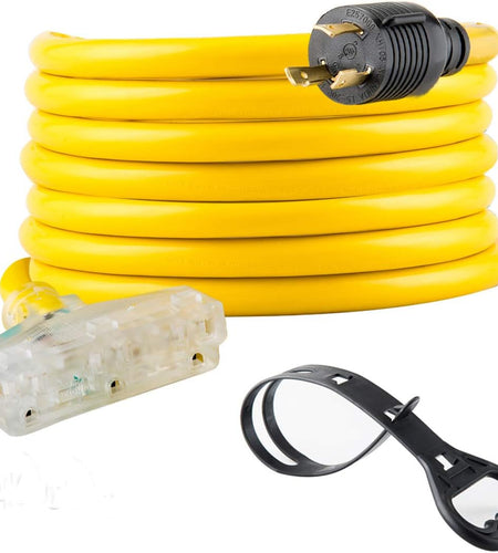 25 Feet Heavy Duty Generator Extension Cord,Generator Locking Cord,Nema L5-30P/Three 5-15R, 3 Prong 10 Gauge Flexible Generator Cable, Generator Power Cord,30Amp 3750 Watts