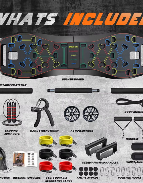 Load image into Gallery viewer, Portable Home Gym System: Large Compact Push up Board, Pilates Bar &amp; 20 Fitness Accessories with Resistance Bands Ab Roller Whee
