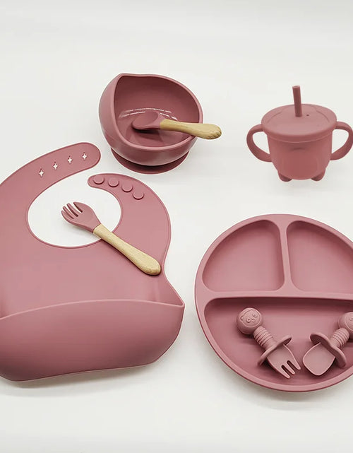 Load image into Gallery viewer, Children&#39;S Dishes Set Baby Silicone 6/8-Piece Tableware Set Suction Cups Forks Spoons Bibs Straws Cups Mother and Baby Supplies
