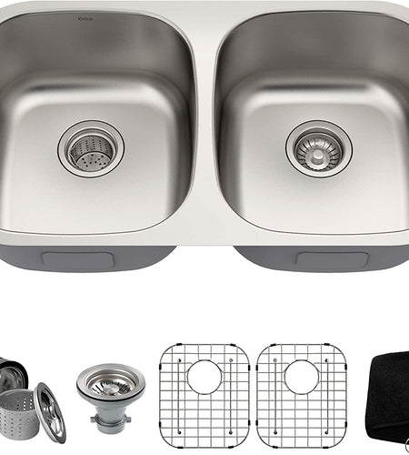 KBU22 32 Inch Undermount 50/50 Double Bowl 16 Gauge Stainless Steel Kitchen Sink