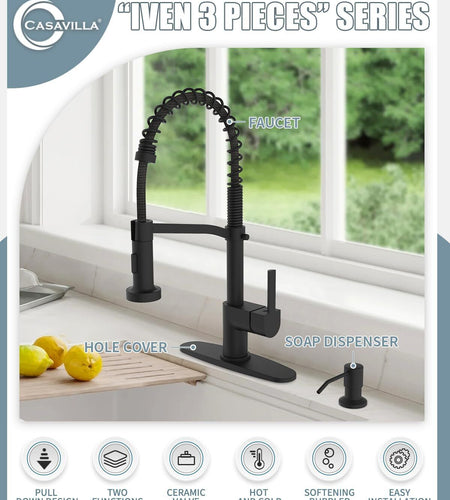 Black Kitchen Faucet Soap Dispenser, Faucet for Kitchen Sink, Kitchen Sink Fa...