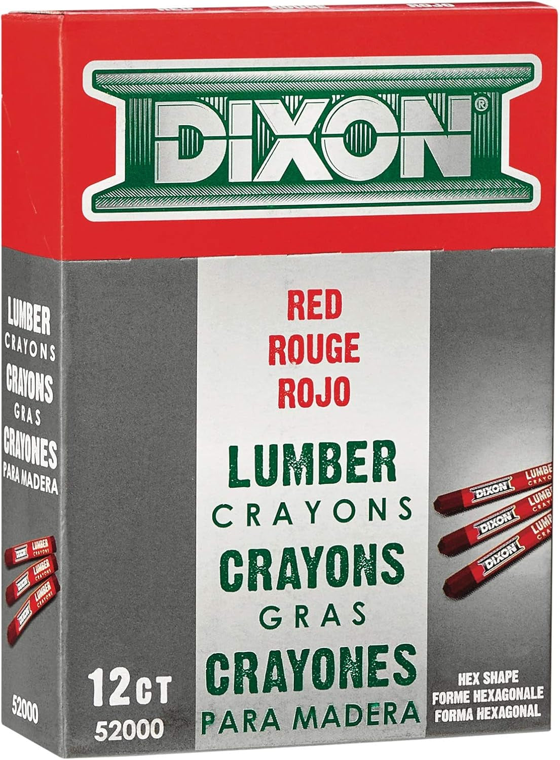 Industrial Lumber Marking Crayons, 4.5" X 1/2" Hex, Red, 12-Pack (52000)