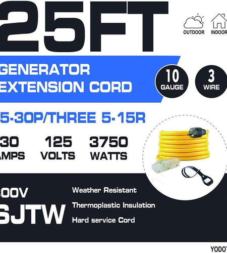 25 Feet Heavy Duty Generator Extension Cord,Generator Locking Cord,Nema L5-30P/Three 5-15R, 3 Prong 10 Gauge Flexible Generator Cable, Generator Power Cord,30Amp 3750 Watts