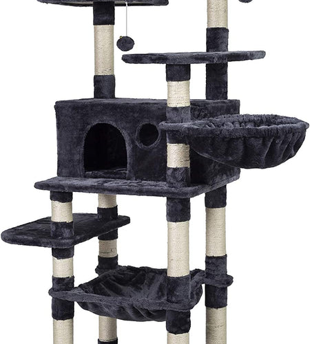Multi-Level Cat Tree Condo for Large Cats, Cat Tower with Scratching Board, Padded Plush Perch and Cozy Basket Smoky Gray MPJ0025G