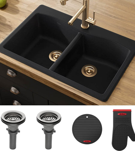 Forteza 33" Drop-In/Undermount Granite 50/50 Double Bowl Kitchen Sink - Black (KGD-52BLACK)