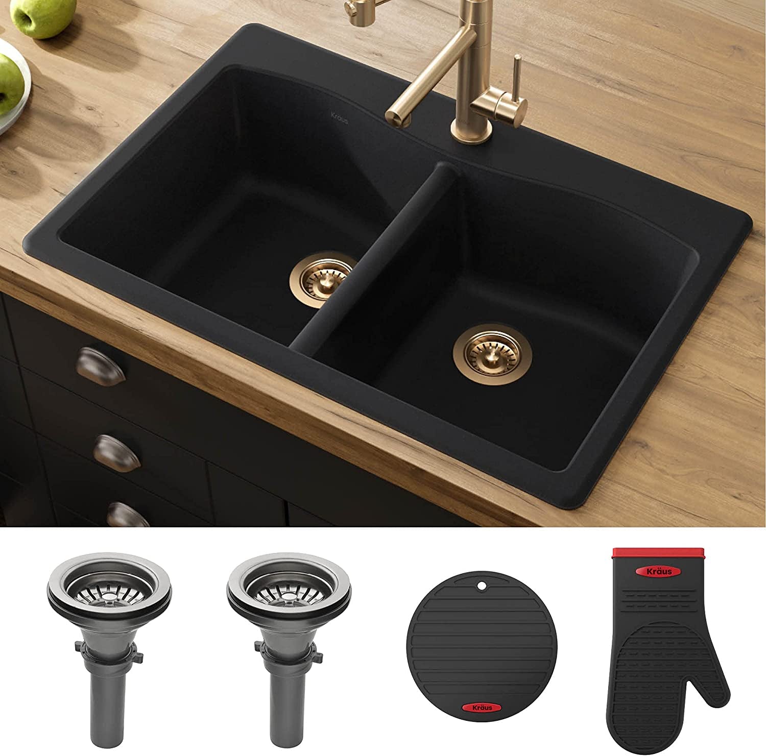 Forteza 33" Drop-In/Undermount Granite 50/50 Double Bowl Kitchen Sink - Black (KGD-52BLACK)