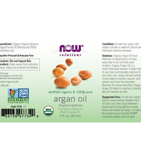NOW Solutions, Organic Argan Oil, Certified Organic and 100% Pure, "Gold of Morocco" Multi-Purpose Oil, 2-Ounce