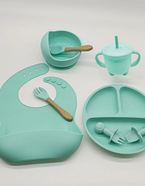 Load image into Gallery viewer, Children&#39;S Dishes Set Baby Silicone 6/8-Piece Tableware Set Suction Cups Forks Spoons Bibs Straws Cups Mother and Baby Supplies
