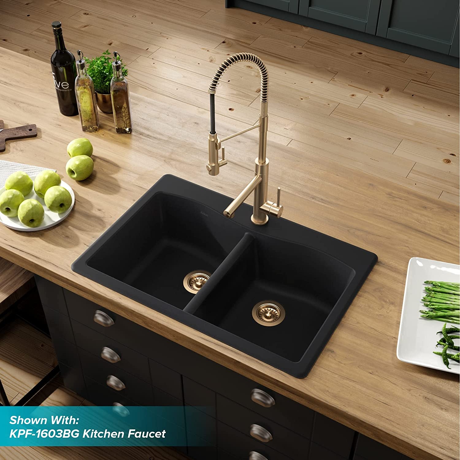 Forteza 33" Drop-In/Undermount Granite 50/50 Double Bowl Kitchen Sink - Black (KGD-52BLACK)