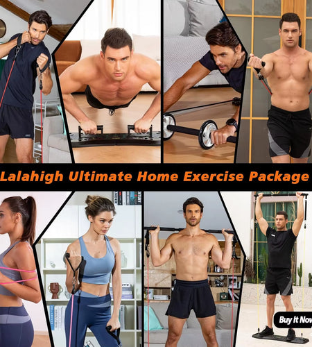 Portable Home Gym System: Large Compact Push up Board, Pilates Bar & 20 Fitness Accessories with Resistance Bands Ab Roller Whee