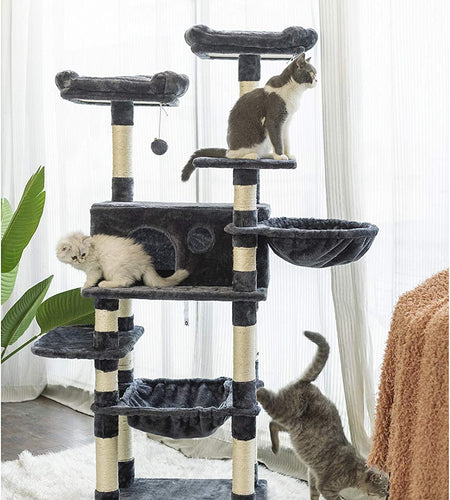 Multi-Level Cat Tree Condo for Large Cats, Cat Tower with Scratching Board, Padded Plush Perch and Cozy Basket Smoky Gray MPJ0025G