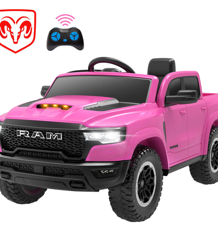 RAM Ride on Car, 12V Powered Ride on Toy with Remote Control, 4 Wheel Suspension, 5 Point Safety Belt, MP3 Player, Bluetooth, LED Lights, Electric Cars for 3-8 Years Boys Girls