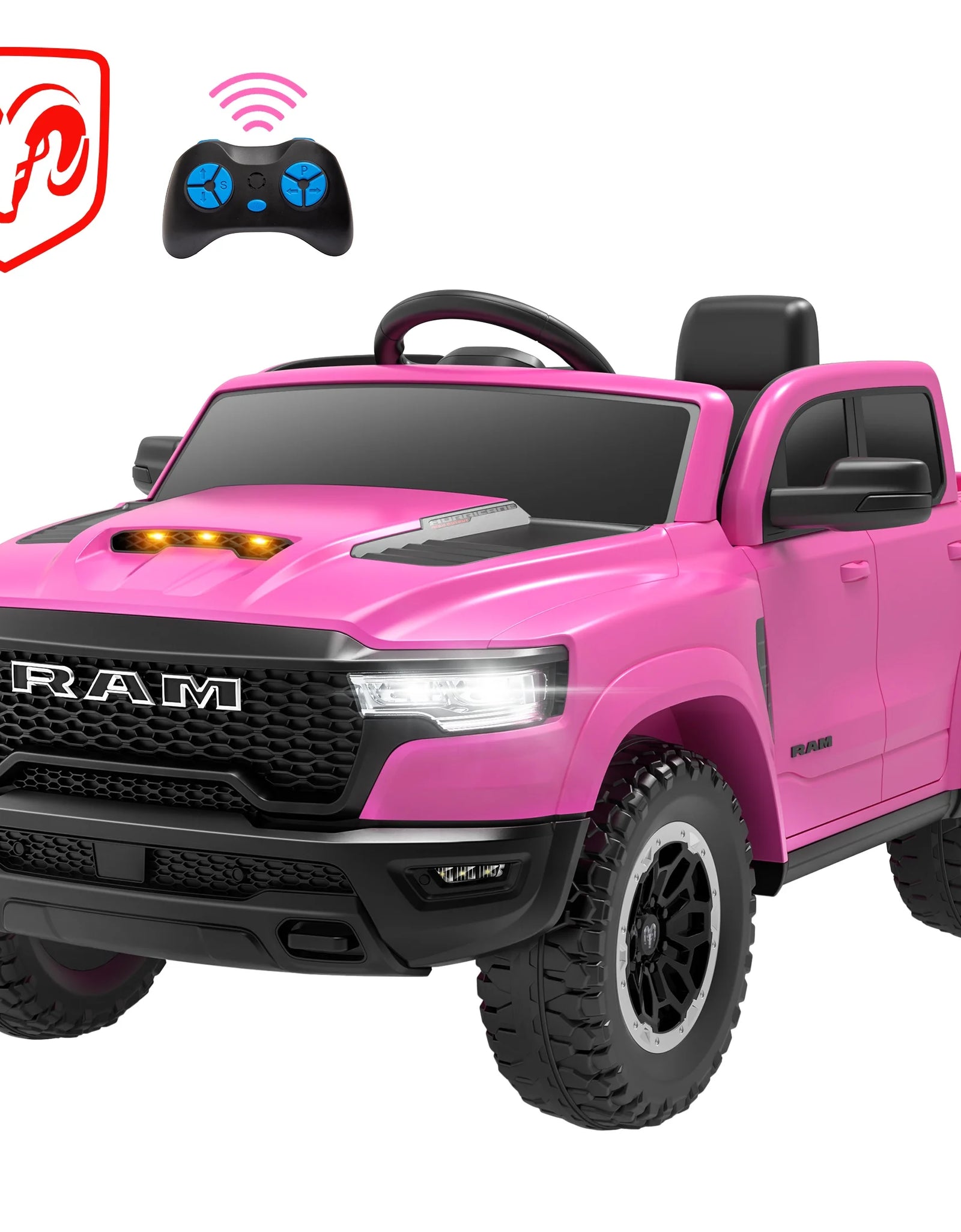 RAM Ride on Car, 12V Powered Ride on Toy with Remote Control, 4 Wheel Suspension, 5 Point Safety Belt, MP3 Player, Bluetooth, LED Lights, Electric Cars for 3-8 Years Boys Girls