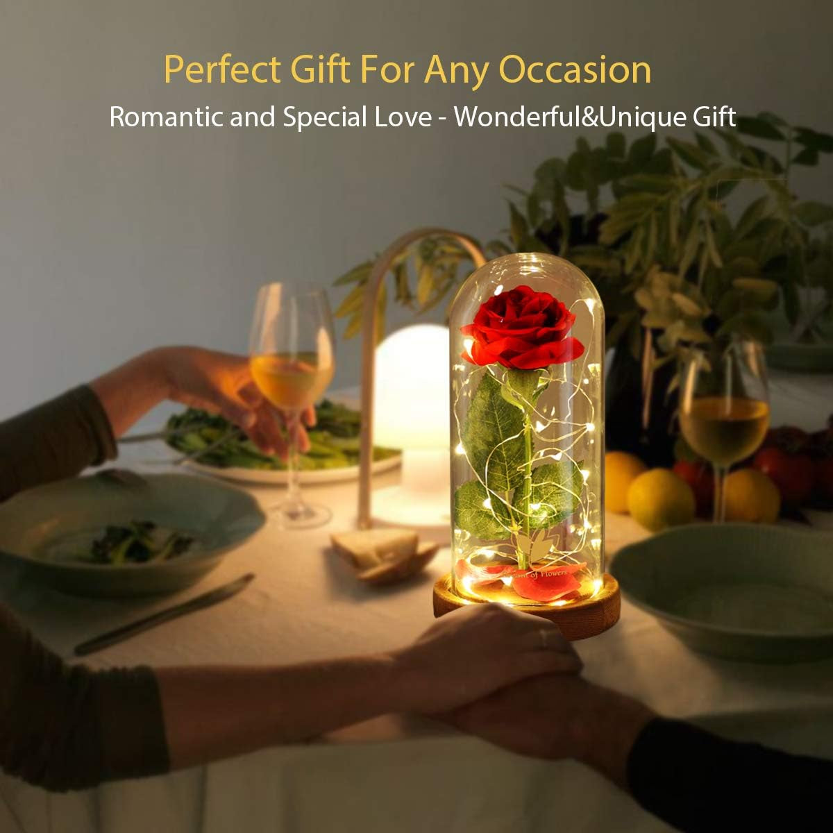 Beauty and the Beast Rose Set-The Best Holiday Surprise Gift for Mothers, Beautifully Decorated with Red Silk Roses, LED Lights, Dome Glass and Wooden Base