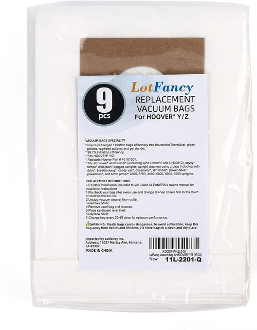 Load image into Gallery viewer, 9Pcs Vacuum Bags for Hoover Windtunnel Upright, Type Y Z, Part # 4010400Y, Replacement Micro Filtration Vacuum Cleaner Dust Bags
