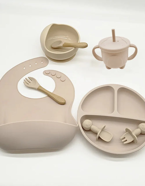 Load image into Gallery viewer, Children&#39;S Dishes Set Baby Silicone 6/8-Piece Tableware Set Suction Cups Forks Spoons Bibs Straws Cups Mother and Baby Supplies
