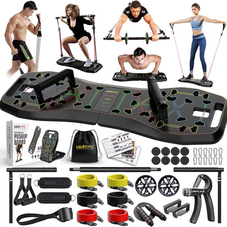 Portable Home Gym System: Large Compact Push up Board, Pilates Bar & 20 Fitness Accessories with Resistance Bands Ab Roller Whee