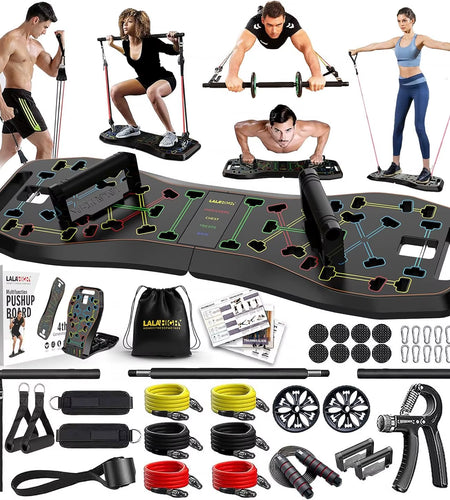 Portable Home Gym System: Large Compact Push up Board, Pilates Bar & 20 Fitness Accessories with Resistance Bands Ab Roller Whee