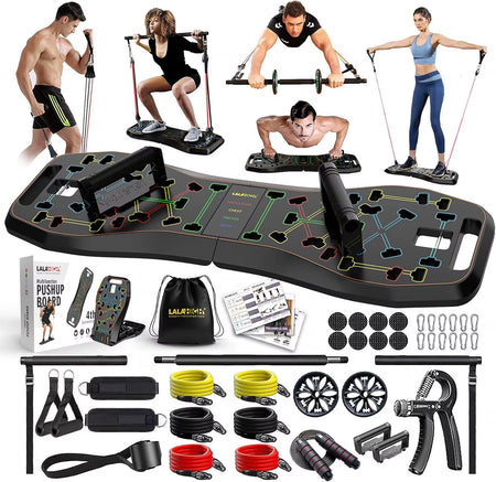 Portable Home Gym System: Large Compact Push up Board, Pilates Bar & 20 Fitness Accessories with Resistance Bands Ab Roller Whee