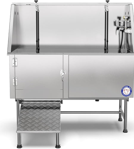Flying Pig 62" Stainless Steel Pet Dog Grooming Bath Tub with Walk-In Ramp & Accessories (Left Door/Right Drain)