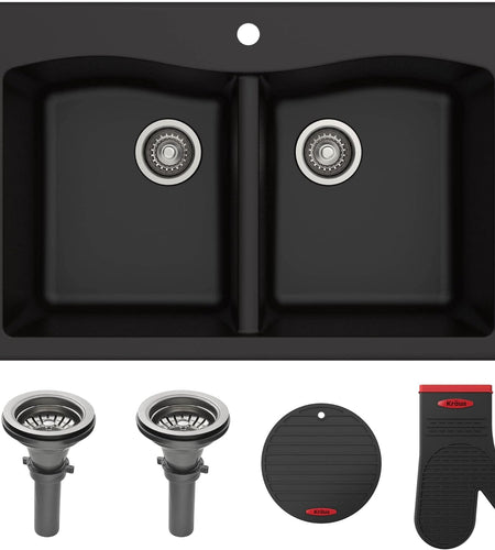 Forteza 33" Drop-In/Undermount Granite 50/50 Double Bowl Kitchen Sink - Black (KGD-52BLACK)