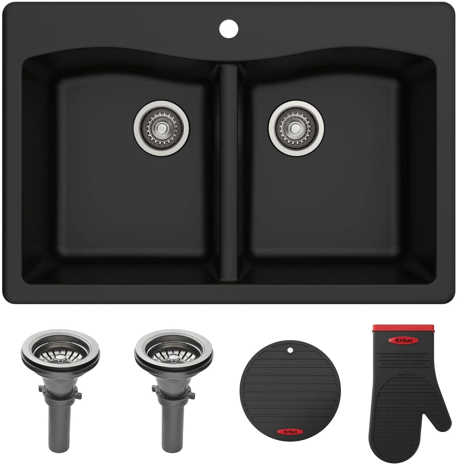 Forteza 33" Drop-In/Undermount Granite 50/50 Double Bowl Kitchen Sink - Black (KGD-52BLACK)