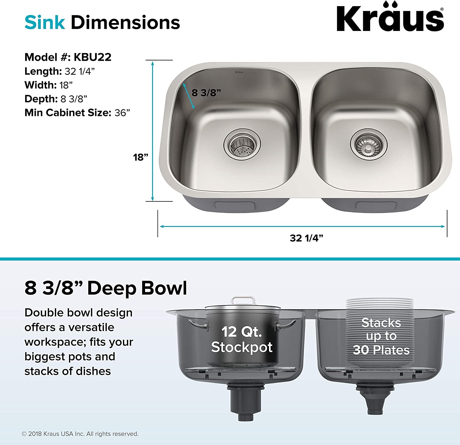 KBU22 32 Inch Undermount 50/50 Double Bowl 16 Gauge Stainless Steel Kitchen Sink