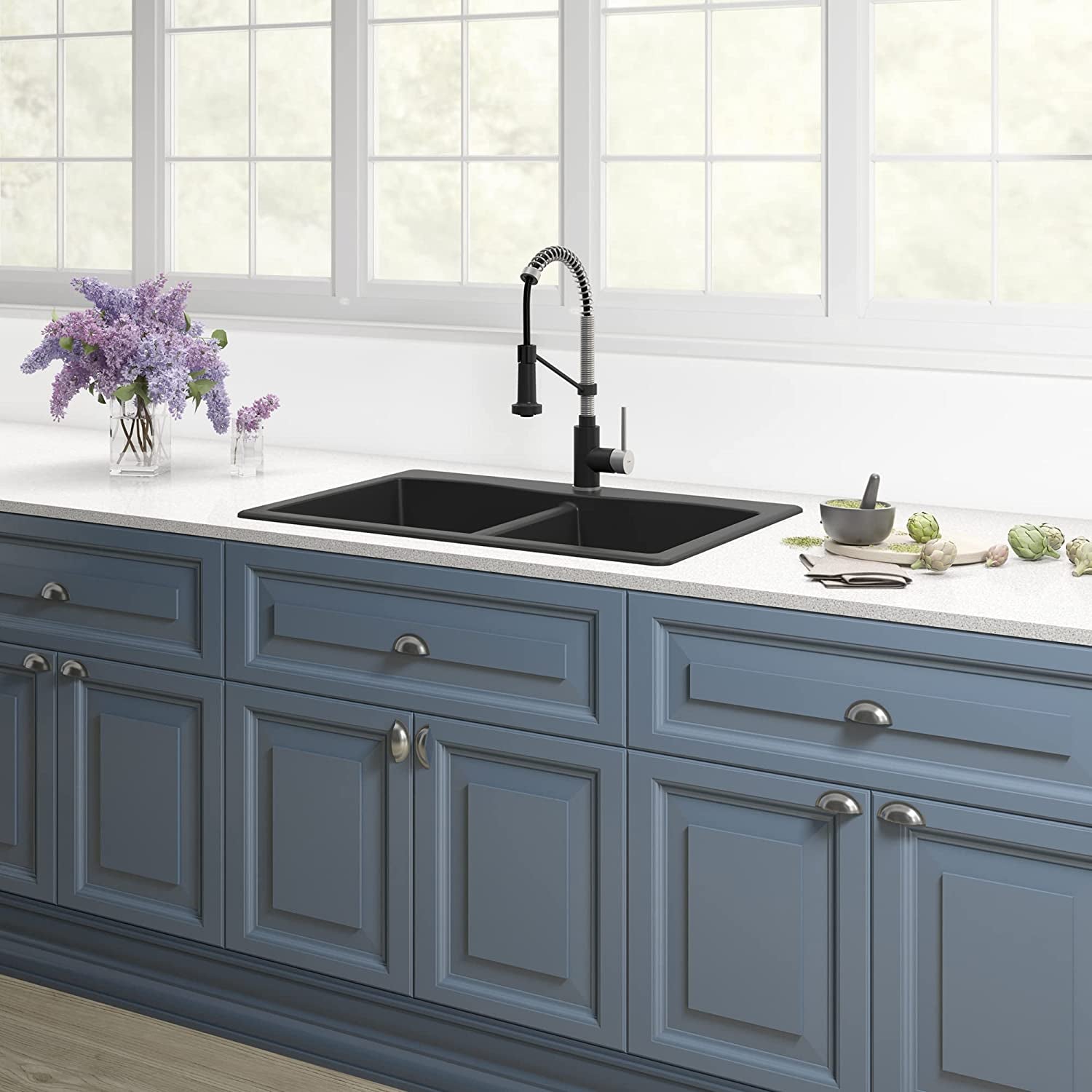 Forteza 33" Drop-In/Undermount Granite 50/50 Double Bowl Kitchen Sink - Black (KGD-52BLACK)