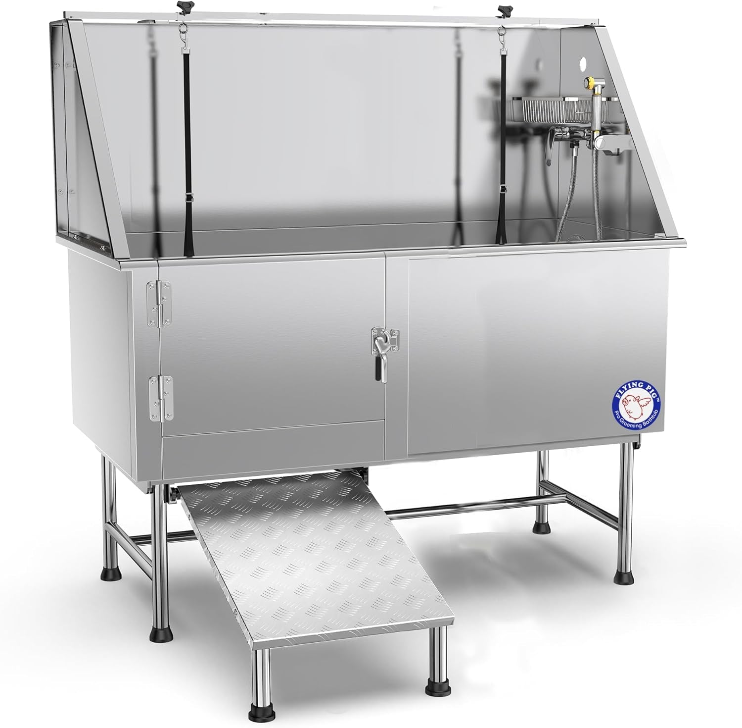 Flying Pig 62" Stainless Steel Pet Dog Grooming Bath Tub with Walk-In Ramp & Accessories (Left Door/Right Drain)