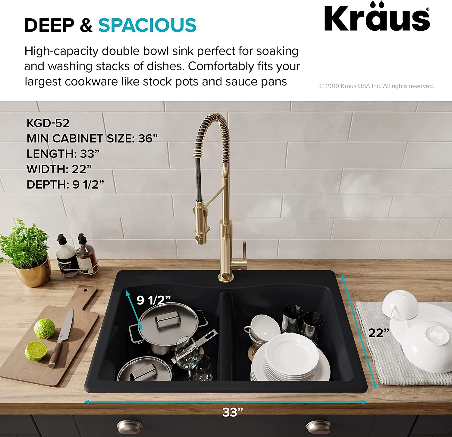 Forteza 33" Drop-In/Undermount Granite 50/50 Double Bowl Kitchen Sink - Black (KGD-52BLACK)