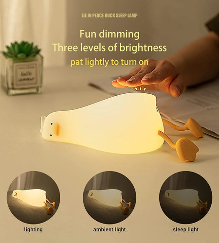 Lying Flat Duck Night Light, LED Squishy Duck Lamp, Cute Light up Duck, Silicone Dimmable Nursery Nightlight, Rechargeable Bedside Touch Lamp for Breastfeeding, Finn the Duck.