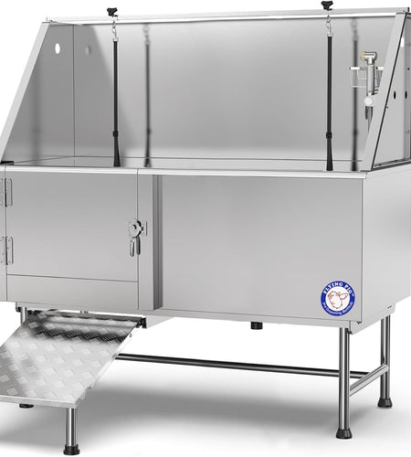Flying Pig 62" Stainless Steel Pet Dog Grooming Bath Tub with Walk-In Ramp & Accessories (Left Door/Right Drain)